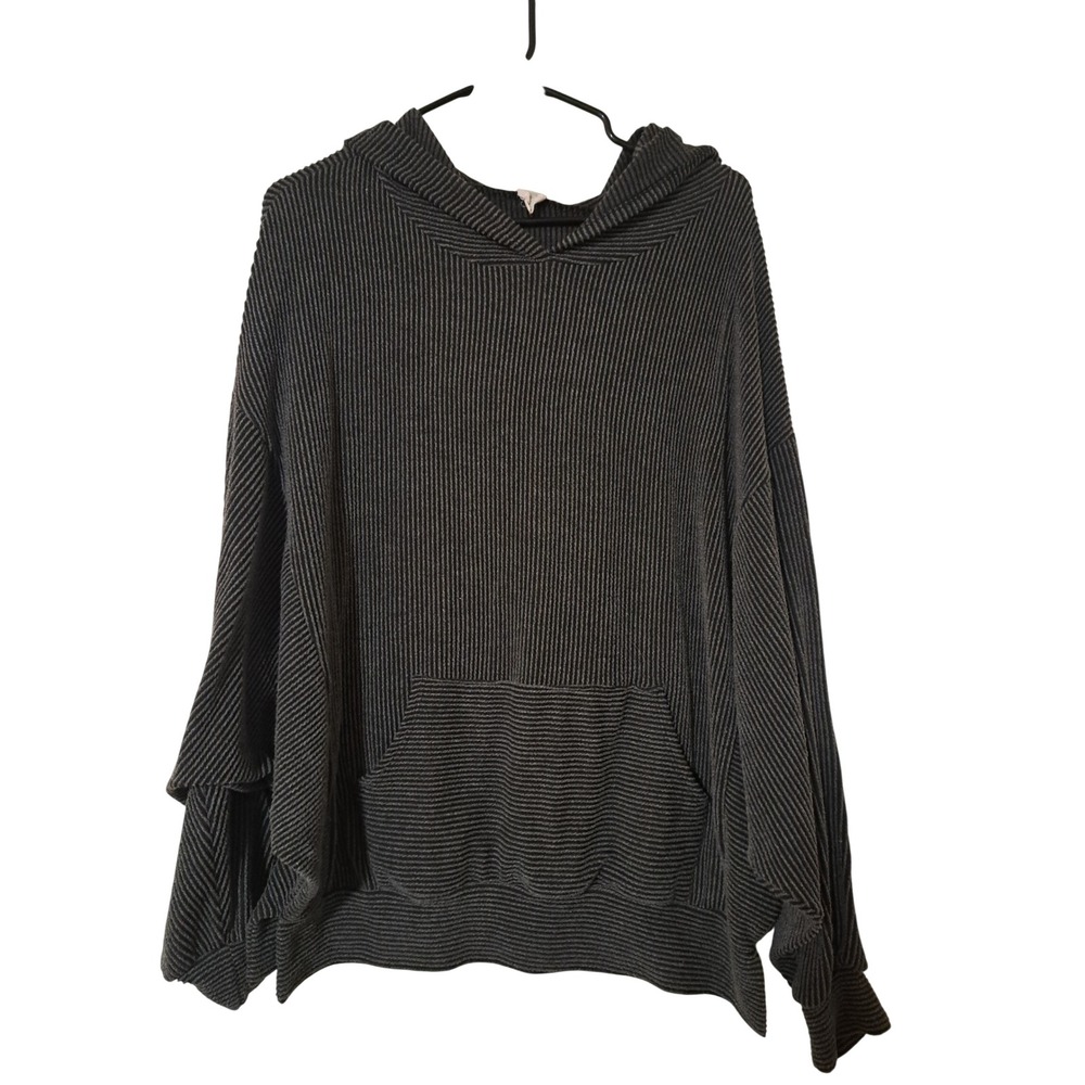 Jennaration Boutique Womens Large Ribbed Knit Striped Hoodie‎ Charcoal Grey